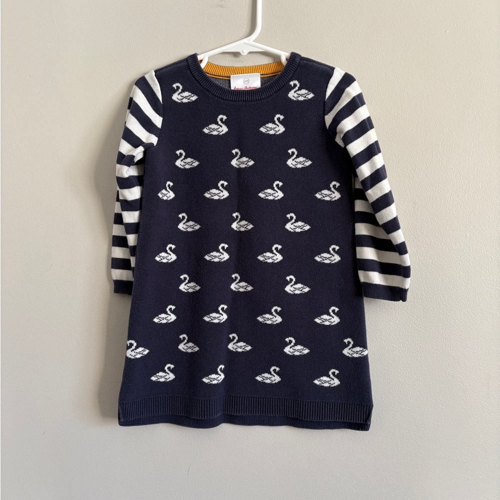 Hanna Andersson Sweater Dress Long Sleeve Navy Blue White Swans Cotton Sz 4 100